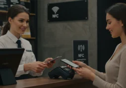 Pagamento na maquininha de cartão com cartão virtual na carteira do celular.