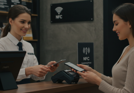 Pagamento na maquininha de cartão com cartão virtual na carteira do celular.