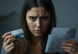 Mulher preocupada segurando cartão de crédito e fatura, representando as consequências de não pagar o cartão de crédito