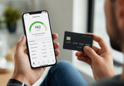 Cliente verificando score de crédito no celular enquanto segura cartão