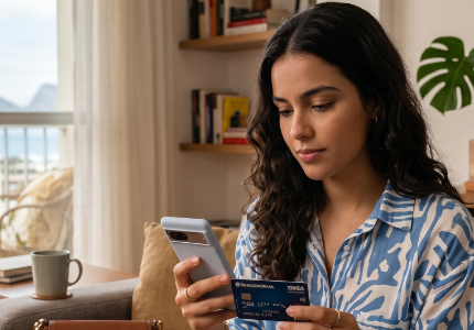 Pessoa usando cartão de crédito enquanto faz compras online pelo celular