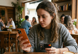 Pessoa analisando gastos financeiros no celular enquanto segura cartão de crédito